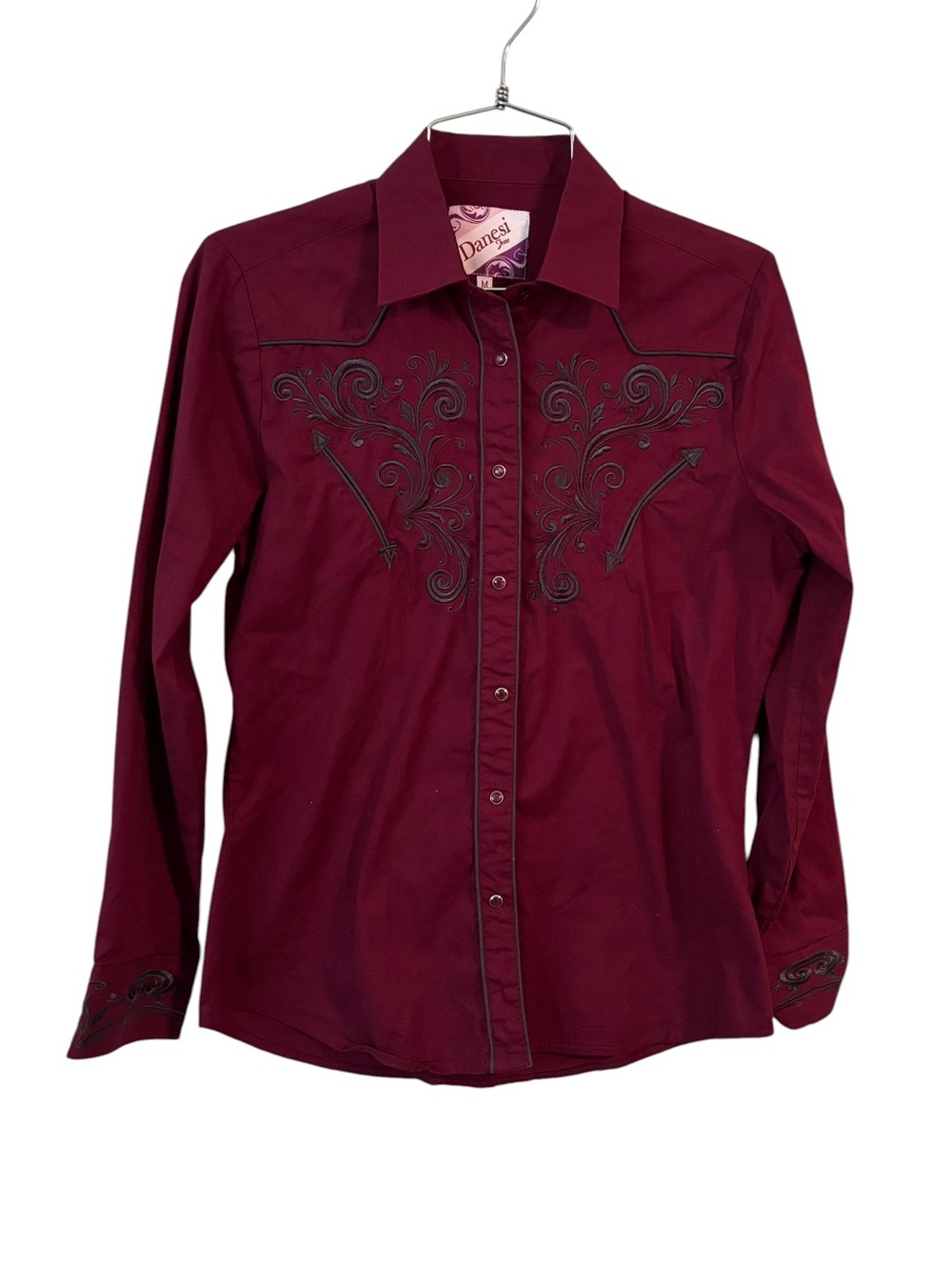 Danesi Western Embroidered Button Up Snap Long Sleeve Shirt Wine Colored Size M